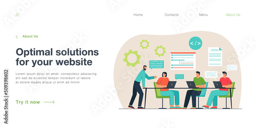 Team of programmers working on program code with laptops. Teamwork of male and female professional testers and coders flat vector illustration. Software development, programming lesson concept