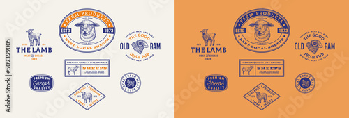 Sheep Farm Retro Framed Badges or Logo Templates Collection. Hand Drawn Lamb, Ram and Sheep Face Animals Sketches with Retro Typography. Vintage Sketch Emblems Set Isolated