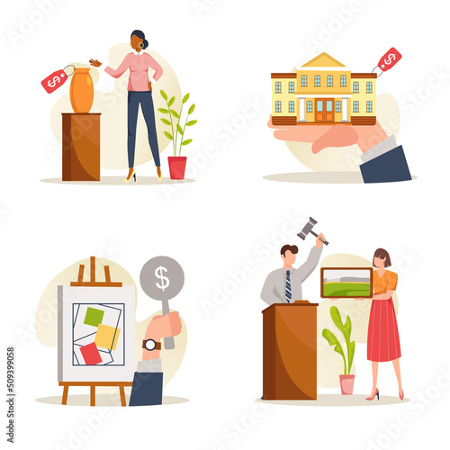 Auction concept with people scene set. Men and women buyers bidding for lots, auctioneer holds gavel sell painting picture and artworks in art gallery. Vector illustration in flat design for web