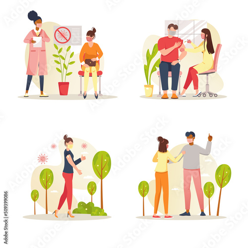 Vaccination concept with people scene set. Men and women go to clinic to get shot of vaccine against coronavirus and viruses, vaccinated people walk in park. Vector illustration in flat design for web