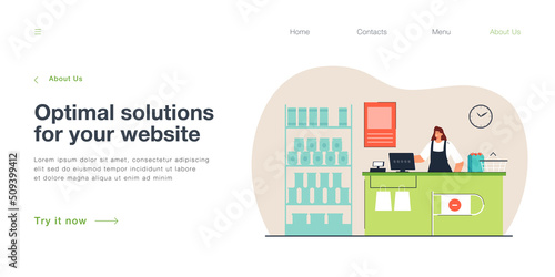 Supermarket interior with cashier at checkout. Female worker at cash register in shop flat vector illustration. Grocery shopping, retail concept for banner, website design or landing web page