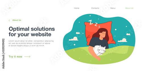 Sweet dream and rest of young woman and cat. Girl and cute pet sleeping in comfortable bed, lying under cozy duvet, top view flat vector illustration. Deep sleep at night, relax, bedtime concept