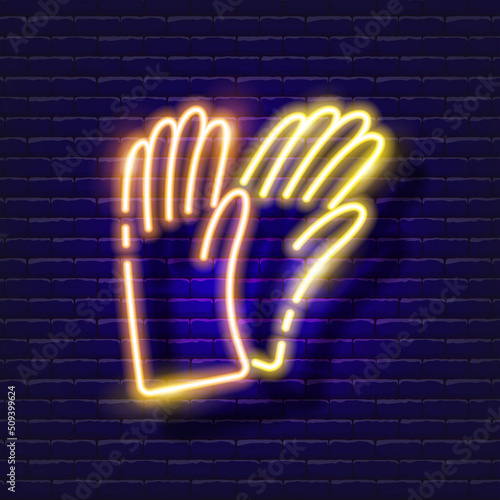 Garden gloves neon icon. Gardening and agriculture concept. Vector sign for design, website, signboard, banner, advertisement.