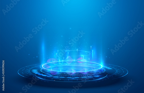 Blue hologram portal. Magic fantasy portal.  Magic circle teleport podium with hologram effect. Abstract high tech futuristic technology design. Round shape. Circle Sci-fi element light and lights.