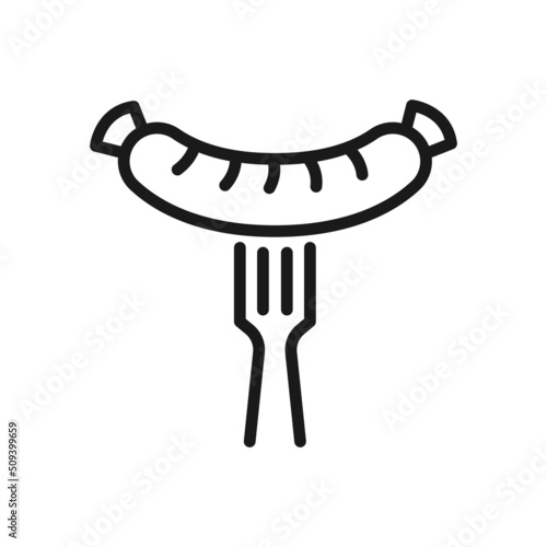 Bavarian sausage on a fork icon design. Outline style. Vector illustration.