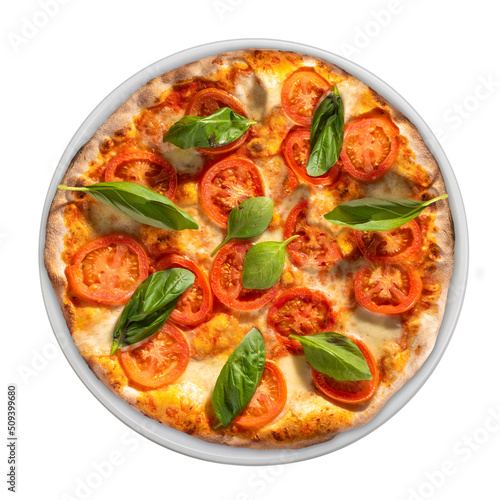 Pizza with basilico leaves, tomatoes and pomodoro sauce on white plate, isolated on white, top view