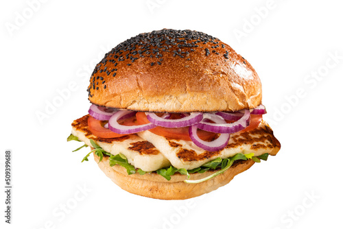 Burger with halloumi cheese, onion, cheese lettuce, isolated on white background