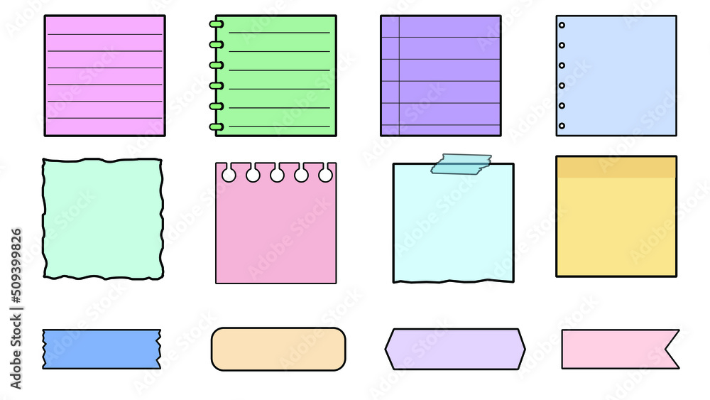 set of cute colorful planner, notepad, memo, grid paper, sticky note
