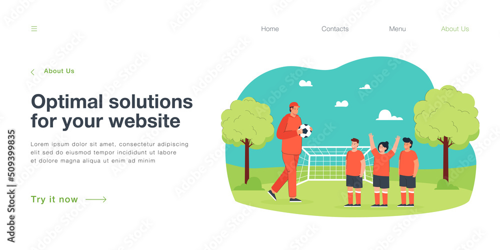 Soccer coach training team of young players on green field. Man and group of children standing with ball near football goal flat vector illustration. School, sport, soccer league for students concept Soccer coach training team of young players on green field. Man and group of children standing with ball near football goal flat vector illustration. School, sport, soccer league for students concept