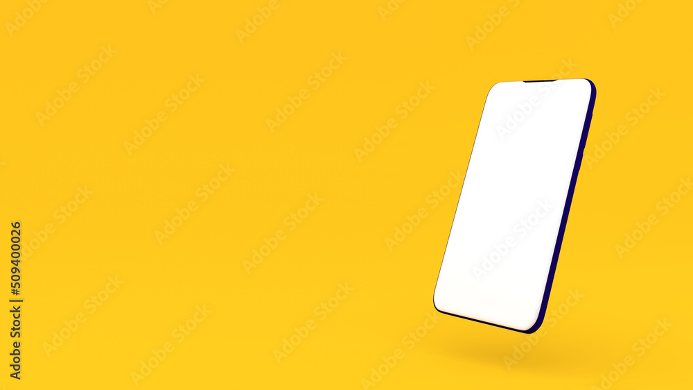Flying blue smartphone with white blank screen on yellow background, 3d rendering, copy space. Mock up. Online technology, shopping and advertising concept. Flying blue smartphone with white blank screen on yellow background, 3d rendering, copy space. Mock up. Online technology, shopping and advertising concept.