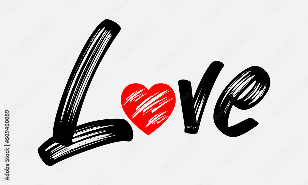 LOVE. text love. Lettering vector illustration for poster, card, banner valentine day, wedding. Hand drawn word - love with doodle heart. Print for tee, t-shirt.