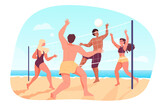 Happy cartoon friends playing volleyball on beach. Teams of young people playing ball on sand flat vector illustration. Summer, vacation, sports concept for banner, website design or landing web page