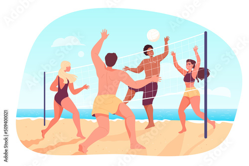Happy cartoon friends playing volleyball on beach. Teams of young people playing ball on sand flat vector illustration. Summer  vacation  sports concept for banner  website design or landing web page