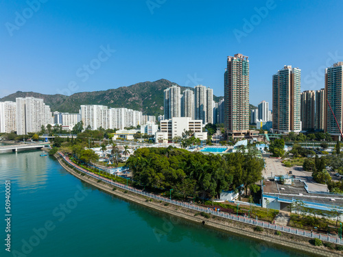 Aerial view of Hong Kong residential district in new territories west © leungchopan
