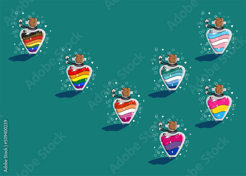 set of elixir, potion bottle designs of LGBTQ pride flags. rainbow flag, POC rainbow flag, lesbian, gay, bi, trans, pan, queer hand-drawn fantasy bottles