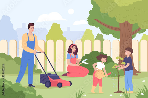 Married couple with children working in garden or yard. Woman trimming bushes, children planting and watering trees, man cutting grass flat vector illustration. Family, gardening, agriculture concept