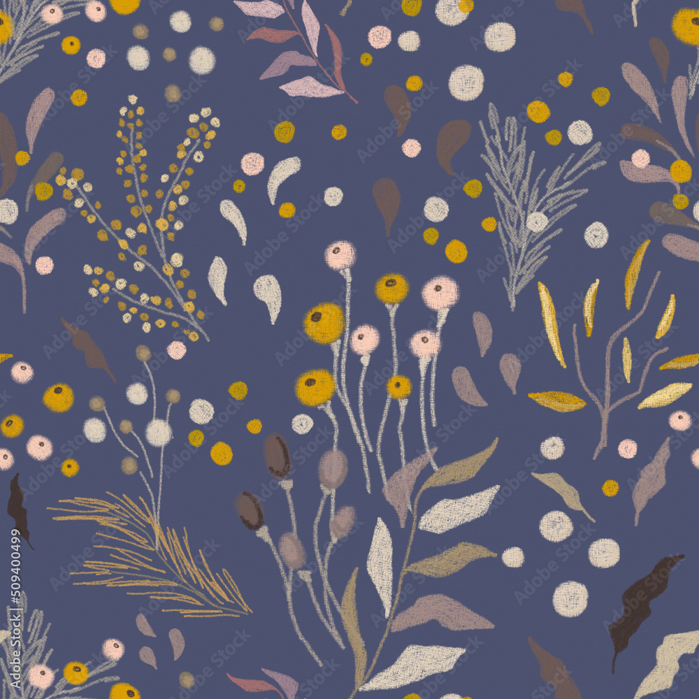 Fototapeta premium Floral seamless pattern, berries, petals, twigs on a colored background. Paper texture, pastel texture.