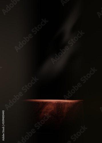 Fototapeta Naklejka Na Ścianę i Meble -  3d wood podium or pedestal product background showcase. Nature leaf shadow. Empty black backdrop cosmetic stage. Render illustration mockup stand