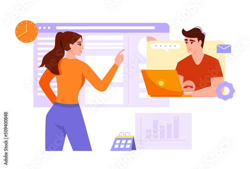 Web development concept. Woman discussing report with colleague via video chat situation. Woman  and Man create and optimize interface of website. Cartoon character.