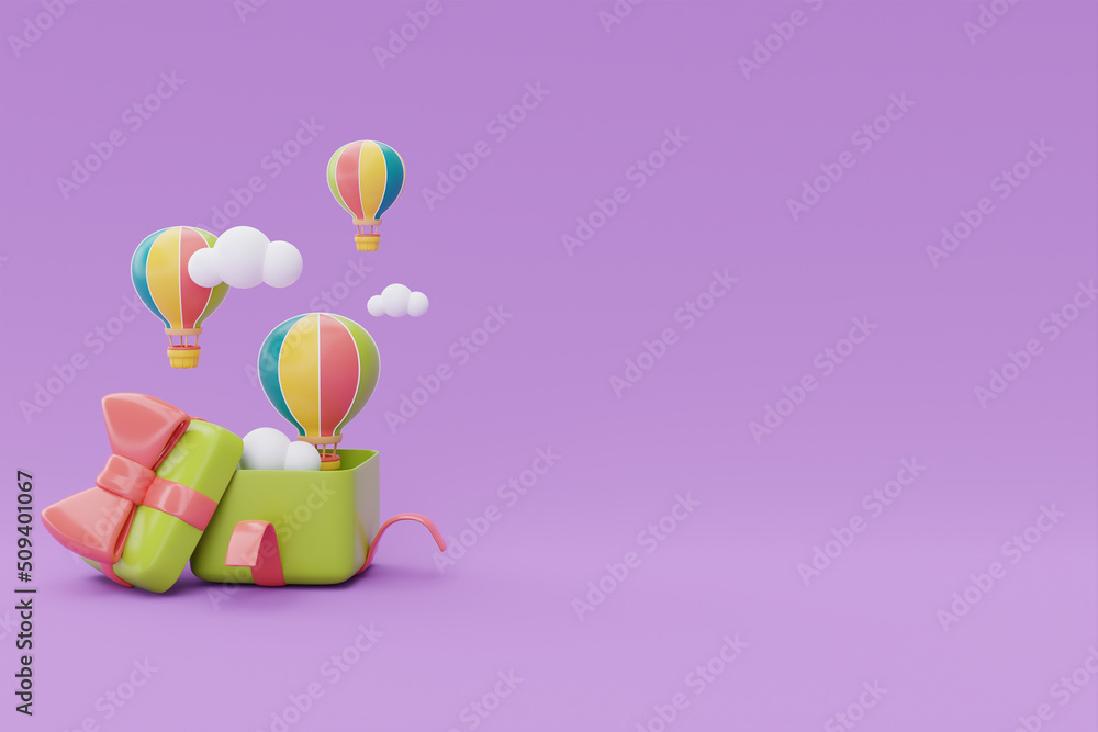Opened gift box with colorful hot air ballon and cloud floating on purple background, Summer time concept, 3d rendering.