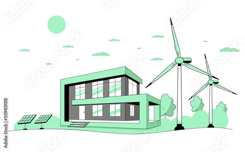 Landscape with energy efficient house, solar panels and wind turbines. Green Energy. Eco House, Concept banner design. Vector illustration in a flat style.