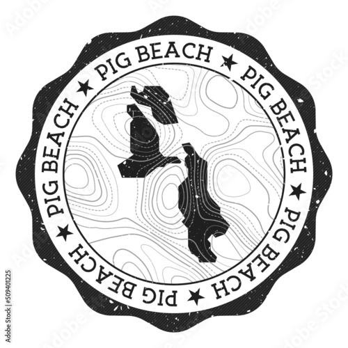 Pig Beach outdoor stamp. Round sticker with map of island with topographic isolines. Vector illustration. Can be used as insignia, logotype, label, sticker or badge of the Pig Beach.