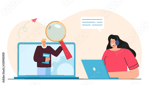 Female call center operator and tiny client on laptop screen. Calls administrator answering questions flat vector illustration. Customer service or support concept for banner, website design