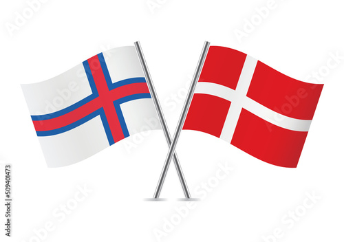The Faroe Islands and Denmark crossed flags. Faroes and Danish flags on white background. Vector icon set. Vector illustration.