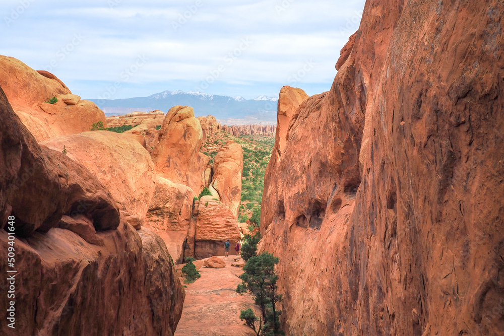 Fototapeta premium View of Fin Canyon on the Devil's Garden trail in the Arches National Park, Utah, USA. Sandstone rock geological formations in Utah desert. Hiking in the American southwest on a nice day of spring.