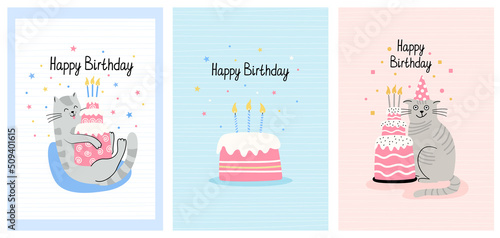 Set of greeting cards with funny cats and birthday cakes. Hand drawn flat vector illustration and lettering. Funny pet.