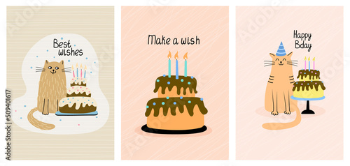 Set of greeting cards with funny cats and birthday cakes. Hand drawn flat vector illustration and lettering. Funny pet.