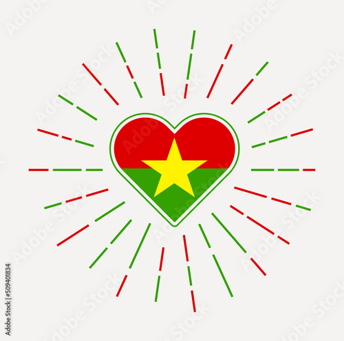 Burkina Faso heart with the flag of the country. Sunburst around Burkina Faso heart sign. Vector illustration.