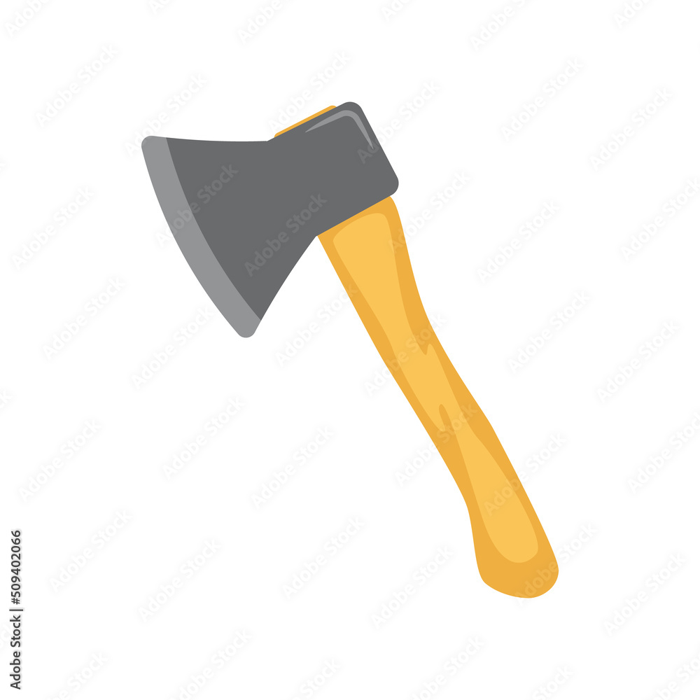 Tourist axe for hiking. Tool for chopping firewood, branches, trees. Touristic equipment for camping and tourism. Vector illustration isolated on white background Tourist axe for hiking. Tool for chopping firewood, branches, trees. Touristic equipment for camping and tourism. Vector illustration isolated on white background