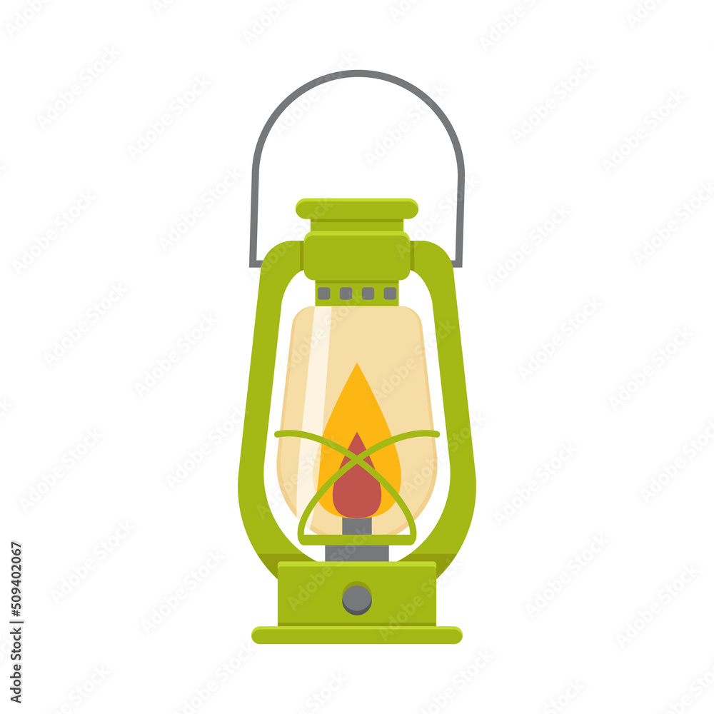 Kerosene lamp. Kerosene oil lantern with burning wick. Camping