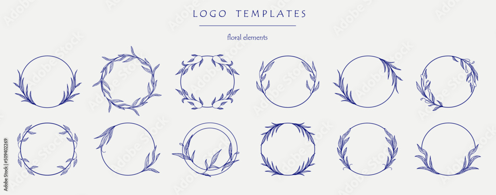 Logo templates. Set of the hand-drawn botanical wreaths. Wedding flourish laurel wreaths for invitation card. Logo templates. Set of the hand-drawn botanical wreaths. Wedding flourish laurel wreaths for invitation card.