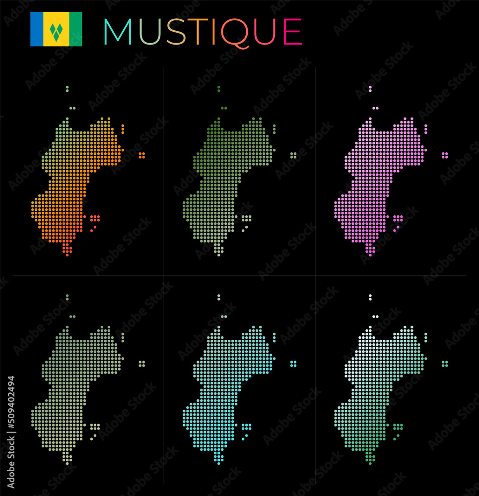 Mustique dotted map set. Map of Mustique in dotted style. Borders of the island filled with beautiful smooth gradient circles. Superb vector illustration. Mustique dotted map set. Map of Mustique in dotted style. Borders of the island filled with beautiful smooth gradient circles. Superb vector illustration.