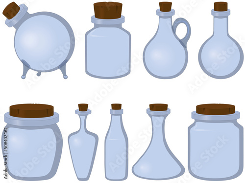 Glass jar, bottle and flask with wooden cork collection vector illustration