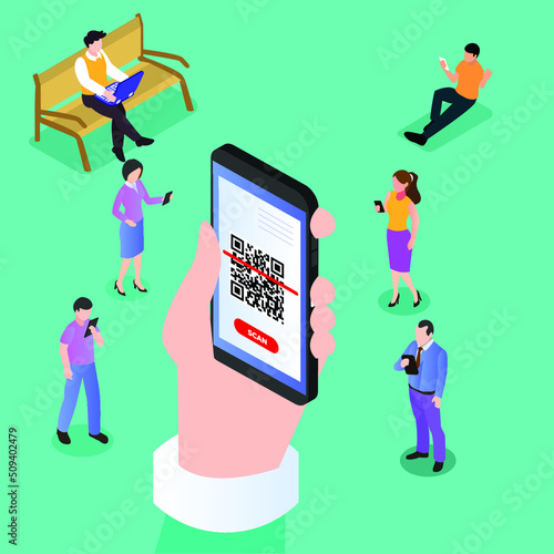 People using QR code in daily activities isometric 3d vector illustration concept for banner, website, illustration, landing page, flyer, etc.