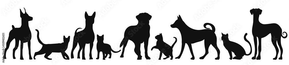 dogs and cats silhouette on white background, isolated, vector
