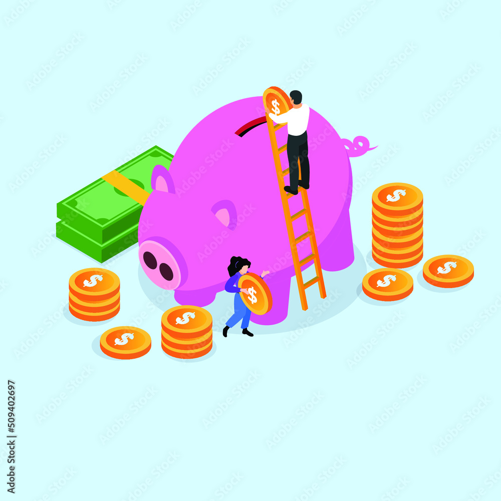 Couple saving money in a piggy bank isometric 3d vector illustration concept for banner, website, illustration, landing page, flyer, etc. Couple saving money in a piggy bank isometric 3d vector illustration concept for banner, website, illustration, landing page, flyer, etc.