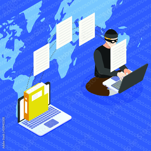 Hacker stealing digital data over binary numbers background isometric 3d vector illustration concept for banner, website, illustration, landing page, flyer, etc.