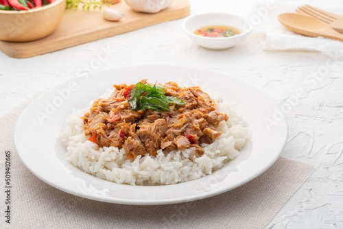 Stir Fried Canned Tuna with Thai Basil and Cook Jasmine Rice in white plate.asian food