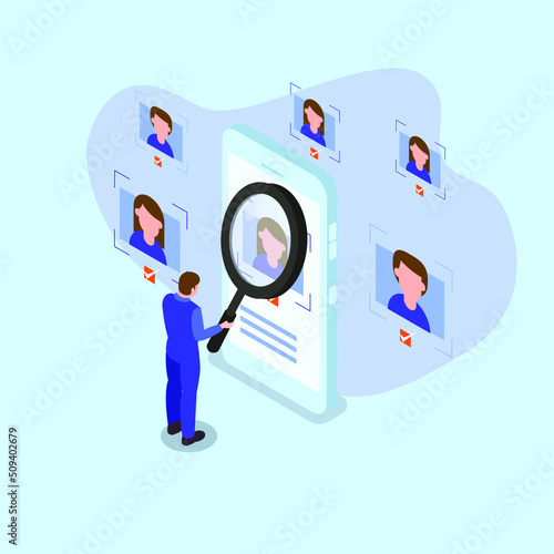 KYC or know your customer - Businessman veryfying the identity of a female client isometric 3d vector illustration concept for banner, website, illustration, landing page, flyer, etc.