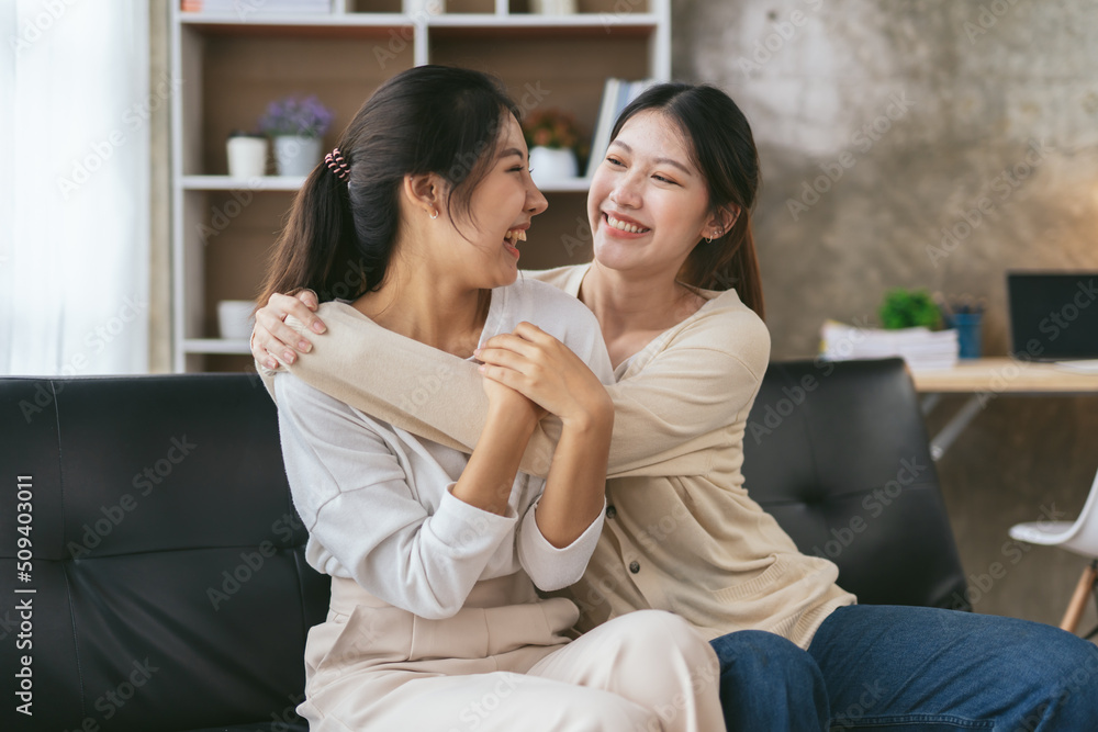 LGBT Lesbian couple love moments happiness , lovely lesbian couple spending time together and having fun at living room, LGBT concept.