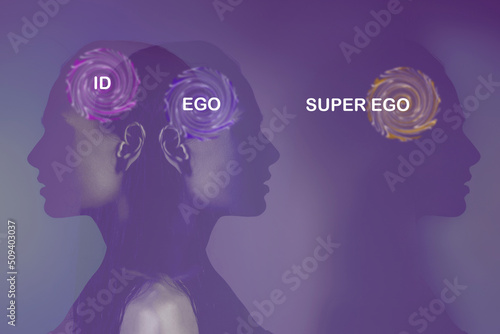 bipolar mental disorder. Double face. Split personality. Conceptual mood disorder. Dual personality concept. 2 silhouettes of a female head. mental health. Imagination.