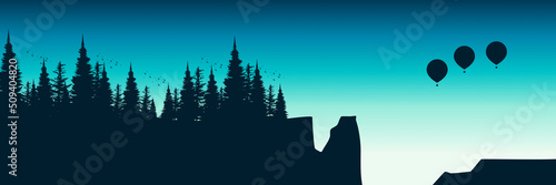 sunset silhouette of forest landscape vector illustration good for wallpaper, background, backdrop, banner, web, tourism and design template