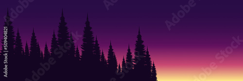 sunset silhouette of forest landscape vector illustration good for wallpaper, background, backdrop, banner, web, tourism and design template