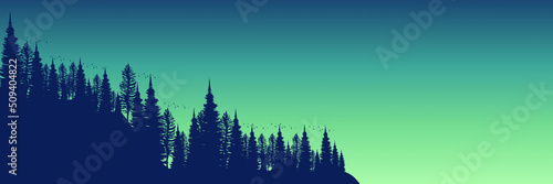 sunset silhouette of forest landscape vector illustration good for wallpaper, background, backdrop, banner, web, tourism and design template