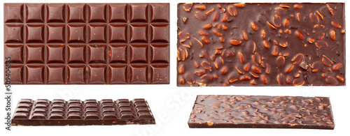 Milk chocolate bar with nuts. Top and bottom view of chocolate bar, isolated on white background.