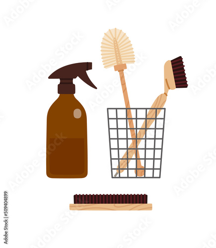 Set of zero waste reusable cleaner tools. Glass spray bottle, cleaning brushes, basket. Hand-drawn ecological lifestyle flat vector illustration isolated on white.